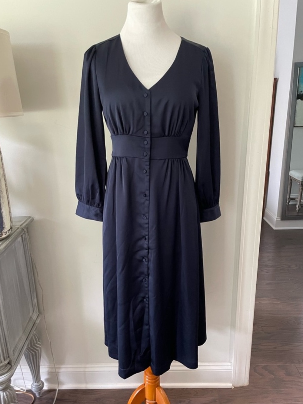 J. Crew Navy V-Neck Button-Front Long Sleeve Midi Dress